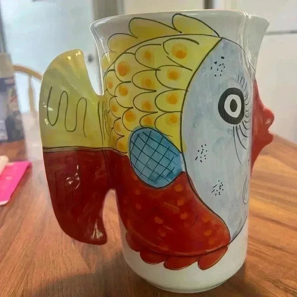 Vintage- Desuir Vietri Italy  Hand Painted Kissing Fish Pitcher Mid Century Art - Picture 3 of 6
